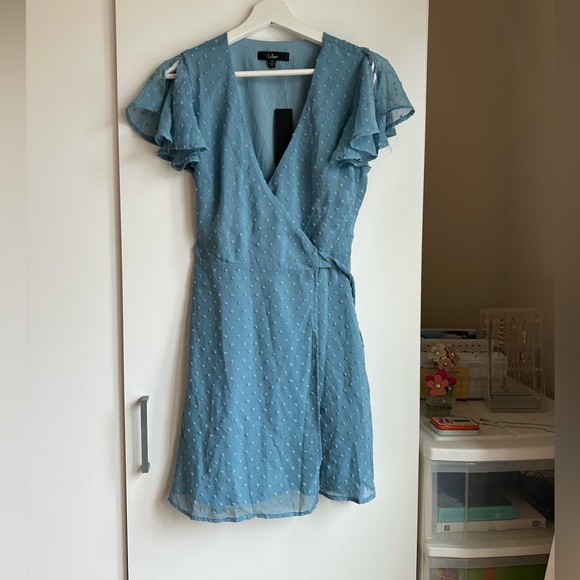 Lulus Cute Blue Swiss Dot Flutter Sleeve Wrap Dress - Picture 4 of 10